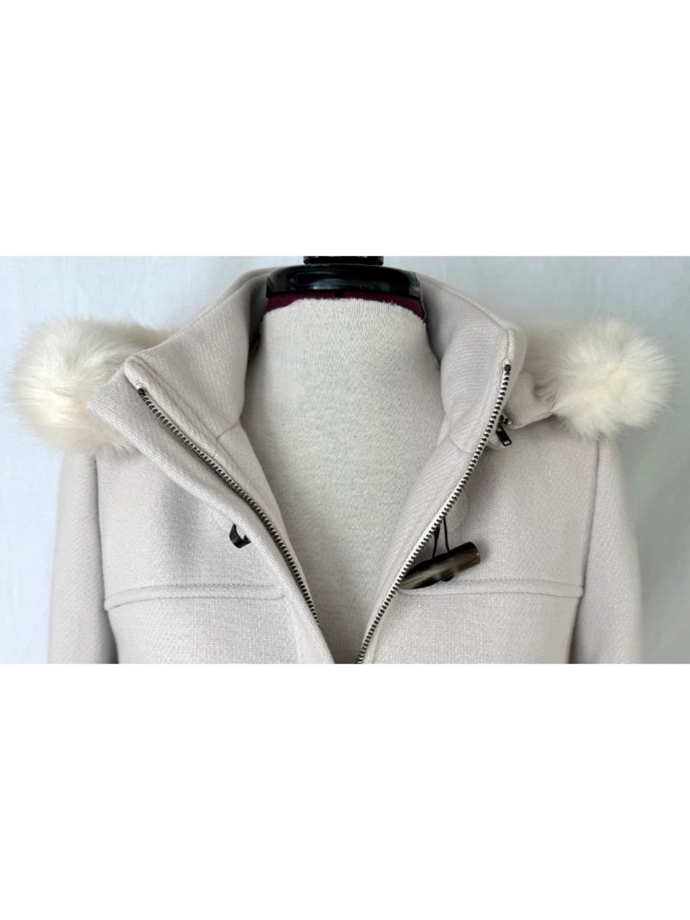 TALBOTS Size 4 Ivory Wool Blend Faux Fur Trim Detachable Hood Toggle Coat Jacket - Picture 6 of 10